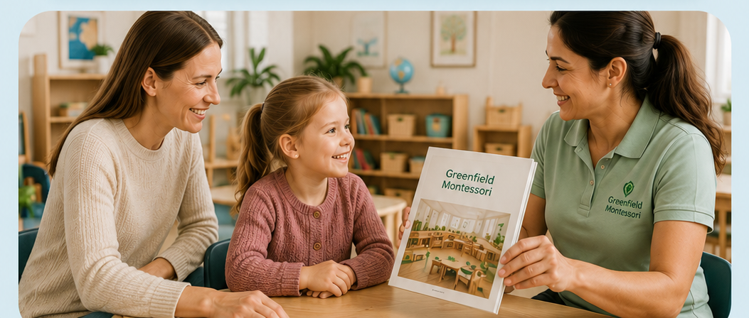 Provider showing a school setting to a mother and child