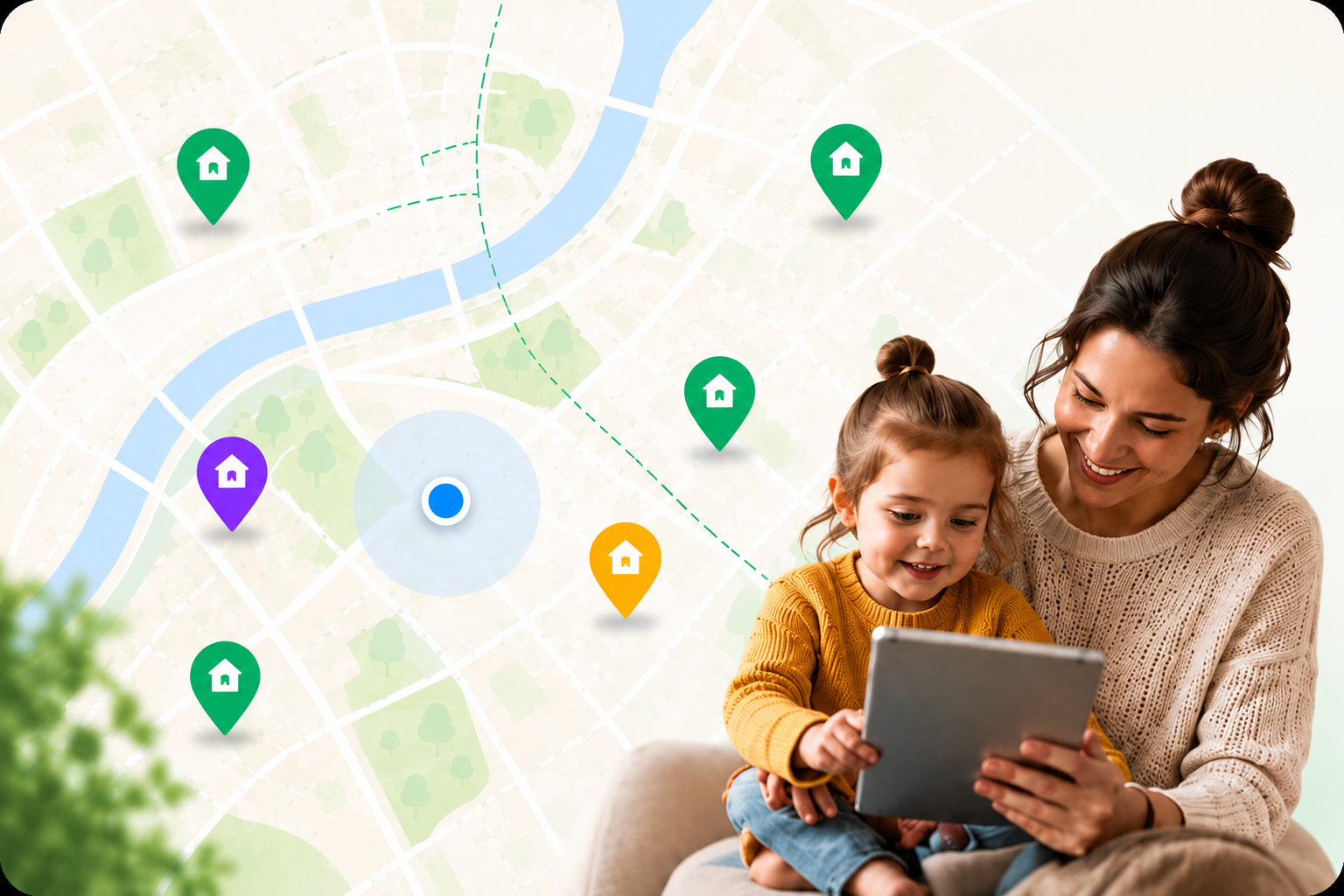 Mother and child using a tablet over a Dublin-style map with childcare location pins
